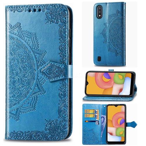 Embossing Imprint Mandala Flower Leather Wallet Case for Samsung Galaxy A01 - Blue