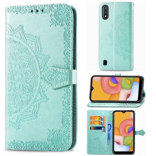 Embossing Imprint Mandala Flower Leather Wallet Case for Samsung Galaxy A01 - Green