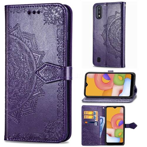 Embossing Imprint Mandala Flower Leather Wallet Case for Samsung Galaxy A01 - Purple