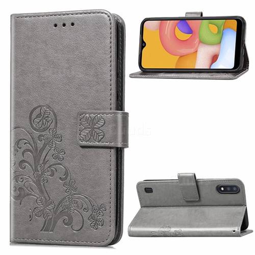 Embossing Imprint Four-Leaf Clover Leather Wallet Case for Samsung Galaxy A01 - Grey