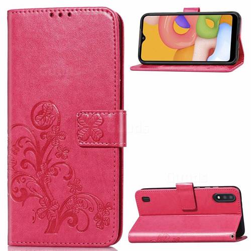 Embossing Imprint Four-Leaf Clover Leather Wallet Case for Samsung Galaxy A01 - Rose