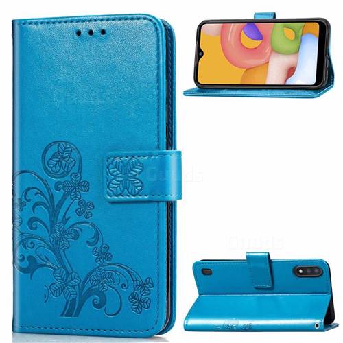 Embossing Imprint Four-Leaf Clover Leather Wallet Case for Samsung Galaxy A01 - Blue