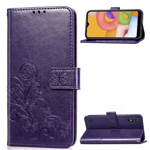 Embossing Imprint Four-Leaf Clover Leather Wallet Case for Samsung Galaxy A01 - Purple