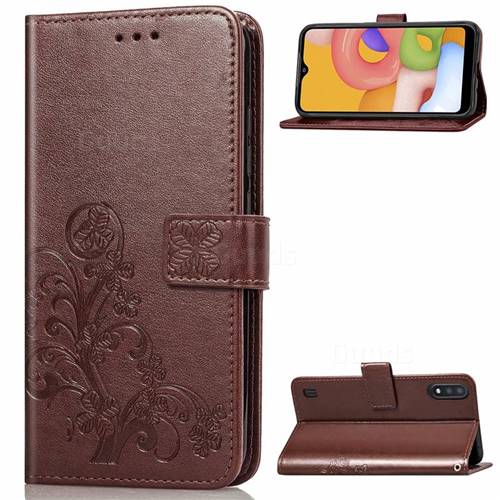 Embossing Imprint Four-Leaf Clover Leather Wallet Case for Samsung Galaxy A01 - Brown