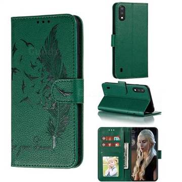 Intricate Embossing Lychee Feather Bird Leather Wallet Case for Samsung Galaxy A01 - Green