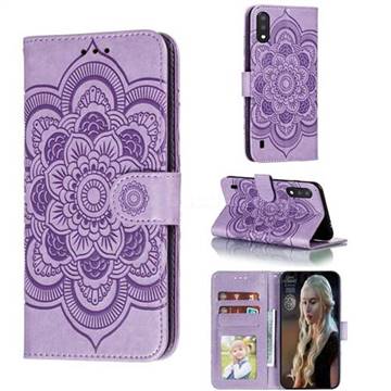 Intricate Embossing Datura Solar Leather Wallet Case for Samsung Galaxy A01 - Purple