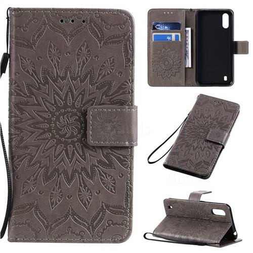 Embossing Sunflower Leather Wallet Case for Samsung Galaxy A01 - Gray