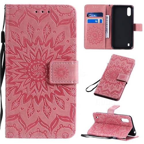 Embossing Sunflower Leather Wallet Case for Samsung Galaxy A01 - Pink