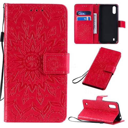 Embossing Sunflower Leather Wallet Case for Samsung Galaxy A01 - Red