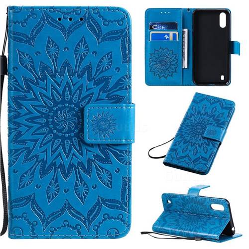 Embossing Sunflower Leather Wallet Case for Samsung Galaxy A01 - Blue