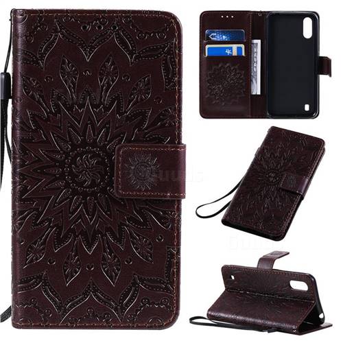 Embossing Sunflower Leather Wallet Case for Samsung Galaxy A01 - Brown