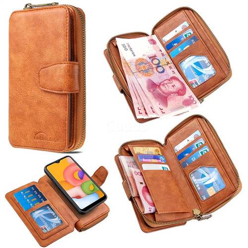 Binfen Color Retro Buckle Zipper Multifunction Leather Phone Wallet for Samsung Galaxy A01 - Brown
