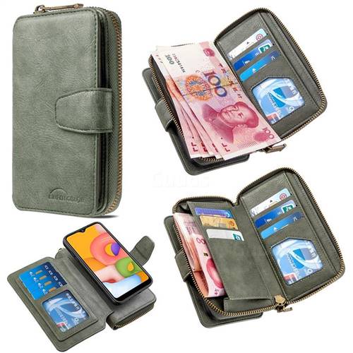 Binfen Color Retro Buckle Zipper Multifunction Leather Phone Wallet for Samsung Galaxy A01 - Celadon