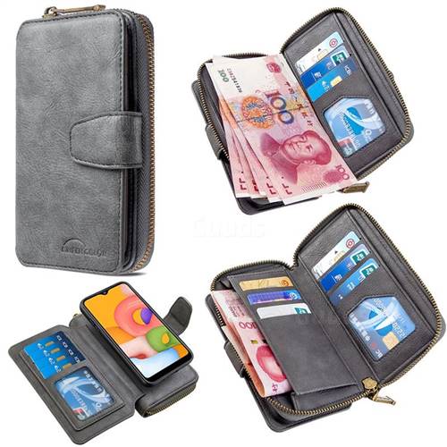 Binfen Color Retro Buckle Zipper Multifunction Leather Phone Wallet for Samsung Galaxy A01 - Gray