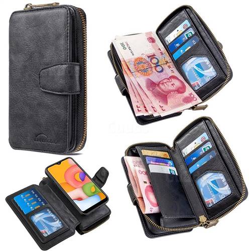 Binfen Color Retro Buckle Zipper Multifunction Leather Phone Wallet for Samsung Galaxy A01 - Black