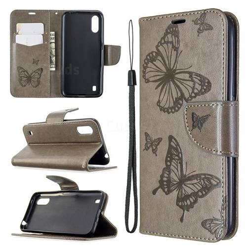 Embossing Double Butterfly Leather Wallet Case for Samsung Galaxy A01 - Gray