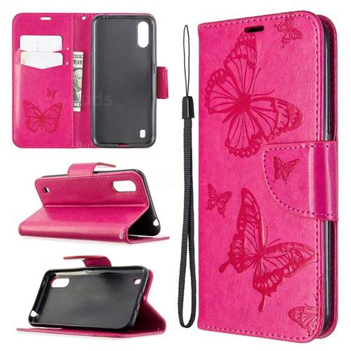 Embossing Double Butterfly Leather Wallet Case for Samsung Galaxy A01 - Red