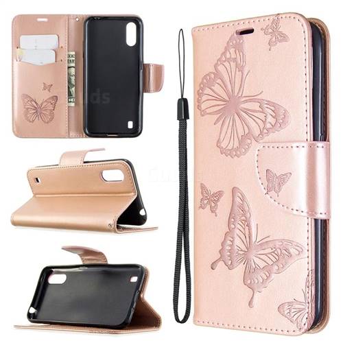 Embossing Double Butterfly Leather Wallet Case for Samsung Galaxy A01 - Rose Gold