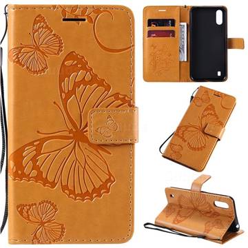 Embossing 3D Butterfly Leather Wallet Case for Samsung Galaxy A01 - Yellow