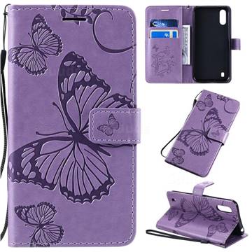 Embossing 3D Butterfly Leather Wallet Case for Samsung Galaxy A01 - Purple