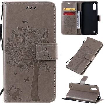 Embossing Butterfly Tree Leather Wallet Case for Samsung Galaxy A01 - Grey