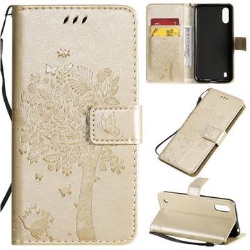 Embossing Butterfly Tree Leather Wallet Case for Samsung Galaxy A01 - Champagne