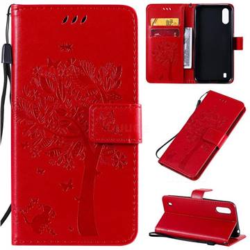 Embossing Butterfly Tree Leather Wallet Case for Samsung Galaxy A01 - Red