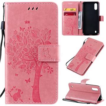 Embossing Butterfly Tree Leather Wallet Case for Samsung Galaxy A01 - Pink