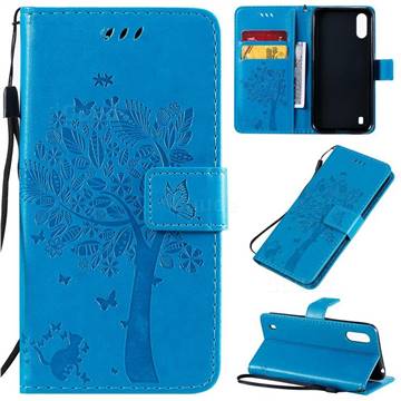 Embossing Butterfly Tree Leather Wallet Case for Samsung Galaxy A01 - Blue