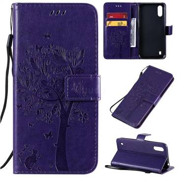 Embossing Butterfly Tree Leather Wallet Case for Samsung Galaxy A01 - Purple