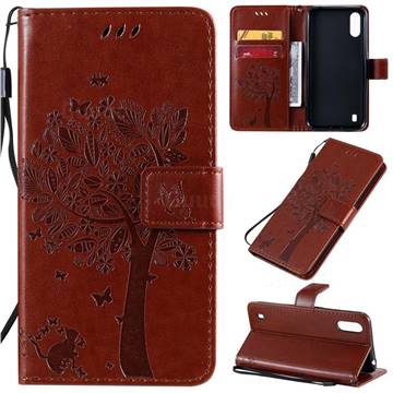 Embossing Butterfly Tree Leather Wallet Case for Samsung Galaxy A01 - Coffee
