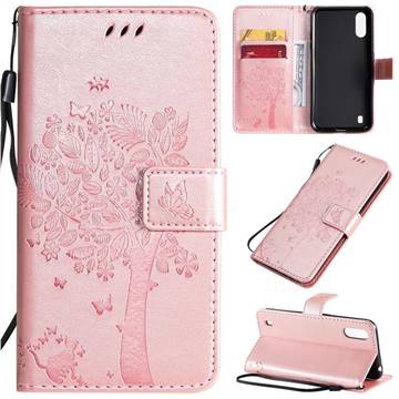 Embossing Butterfly Tree Leather Wallet Case for Samsung Galaxy A01 - Rose Pink