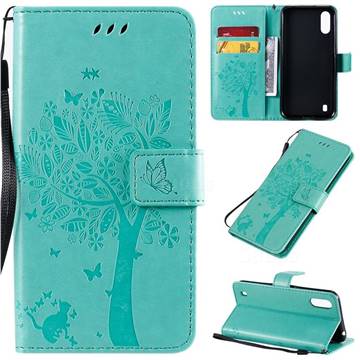Embossing Butterfly Tree Leather Wallet Case for Samsung Galaxy A01 - Cyan