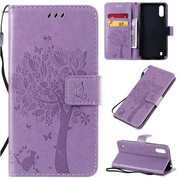 Embossing Butterfly Tree Leather Wallet Case for Samsung Galaxy A01 - Violet