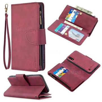 Binfen Color BF02 Sensory Buckle Zipper Multifunction Leather Phone Wallet for Samsung Galaxy A01 - Red Wine