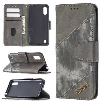 BinfenColor BF04 Color Block Stitching Crocodile Leather Case Cover for Samsung Galaxy A01 - Gray