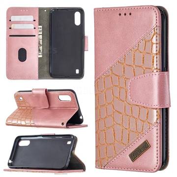 BinfenColor BF04 Color Block Stitching Crocodile Leather Case Cover for Samsung Galaxy A01 - Rose Gold