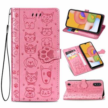 Embossing Dog Paw Kitten and Puppy Leather Wallet Case for Samsung Galaxy A01 - Pink