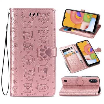 Embossing Dog Paw Kitten and Puppy Leather Wallet Case for Samsung Galaxy A01 - Rose Gold