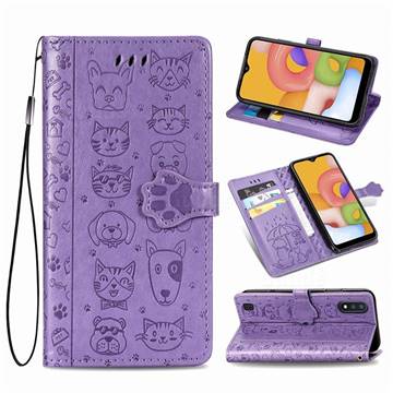 Embossing Dog Paw Kitten and Puppy Leather Wallet Case for Samsung Galaxy A01 - Purple