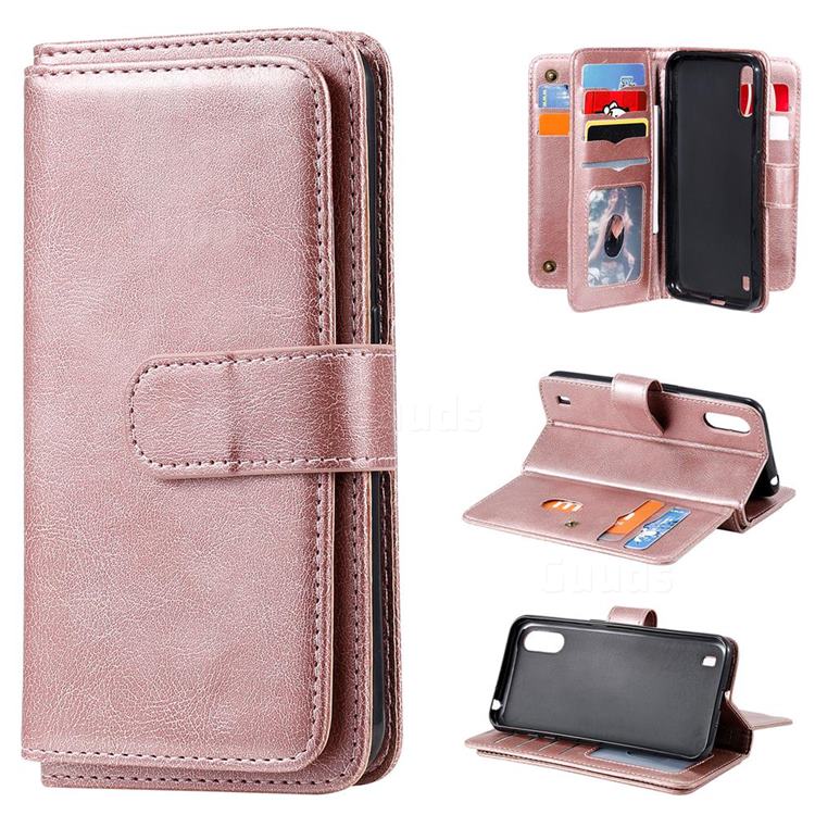 Multi-function Ten Card Slots and Photo Frame PU Leather Wallet Phone Case Cover for Samsung Galaxy A01 - Rose Gold