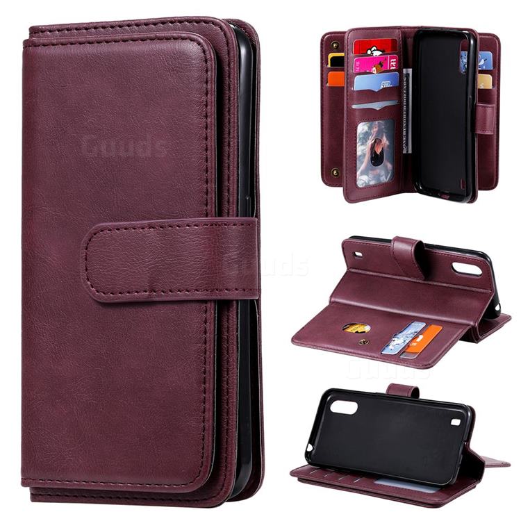 Multi-function Ten Card Slots and Photo Frame PU Leather Wallet Phone Case Cover for Samsung Galaxy A01 - Claret