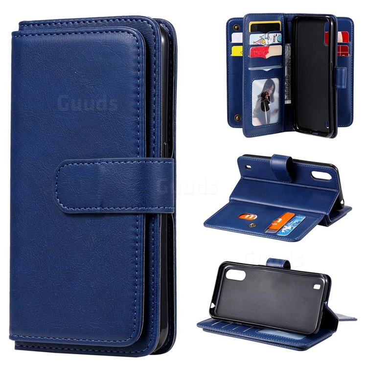 Multi-function Ten Card Slots and Photo Frame PU Leather Wallet Phone Case Cover for Samsung Galaxy A01 - Dark Blue