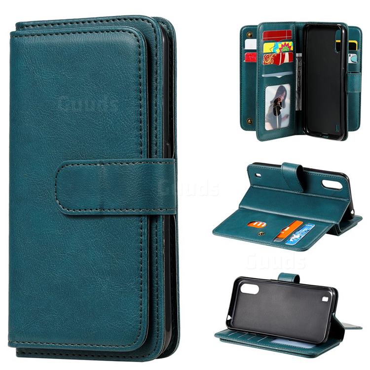 Multi-function Ten Card Slots and Photo Frame PU Leather Wallet Phone Case Cover for Samsung Galaxy A01 - Dark Green