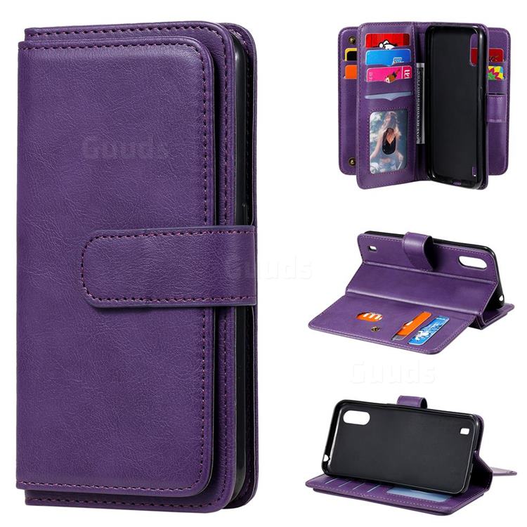 Multi-function Ten Card Slots and Photo Frame PU Leather Wallet Phone Case Cover for Samsung Galaxy A01 - Violet