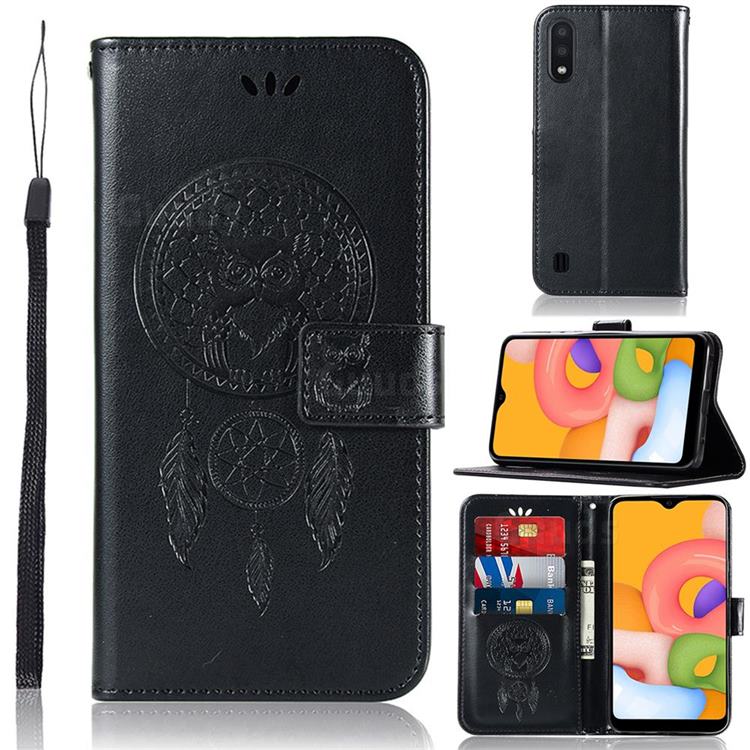 Intricate Embossing Owl Campanula Leather Wallet Case for Samsung Galaxy A01 - Black