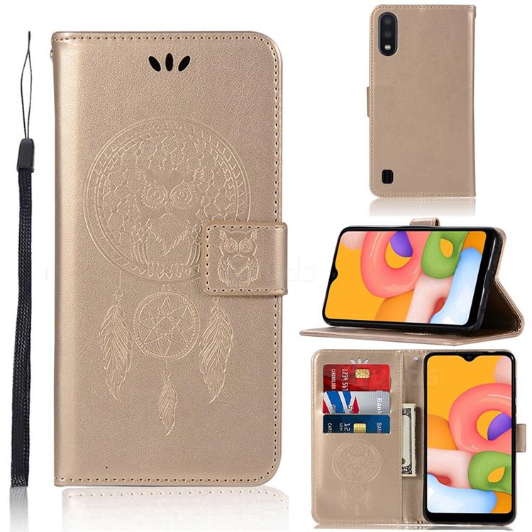 Intricate Embossing Owl Campanula Leather Wallet Case for Samsung Galaxy A01 - Champagne