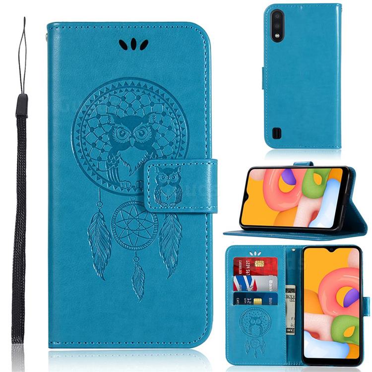 Intricate Embossing Owl Campanula Leather Wallet Case for Samsung Galaxy A01 - Blue