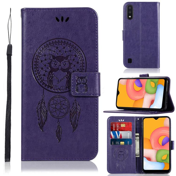 Intricate Embossing Owl Campanula Leather Wallet Case for Samsung Galaxy A01 - Purple