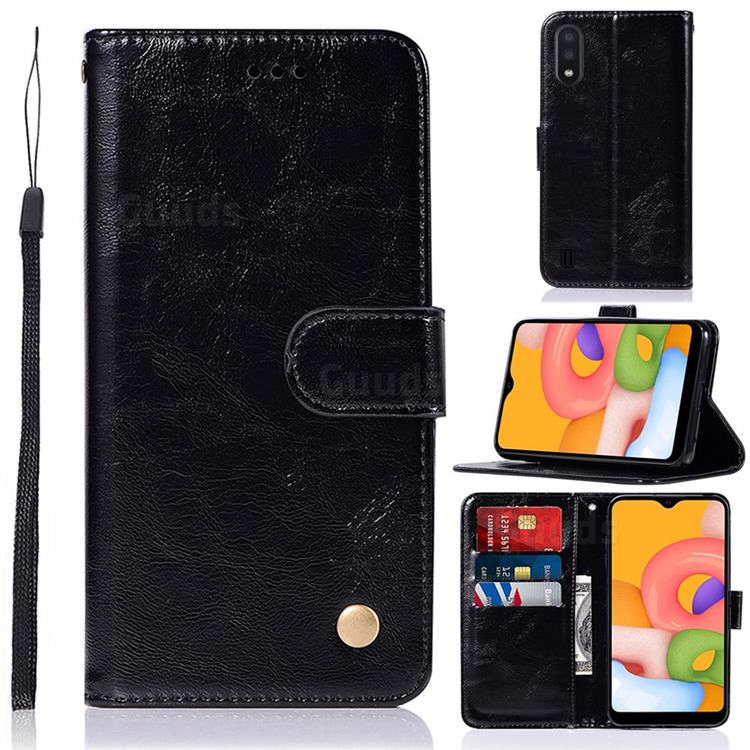 Luxury Retro Leather Wallet Case for Samsung Galaxy A01 - Black